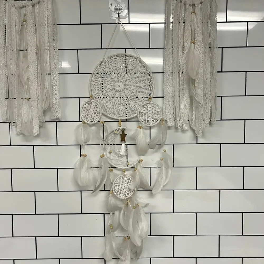 Boho Cream Dreamcatcher Wall Set 6pc Lace Feather Crochet Hanging Decor - Picture 4 of 9